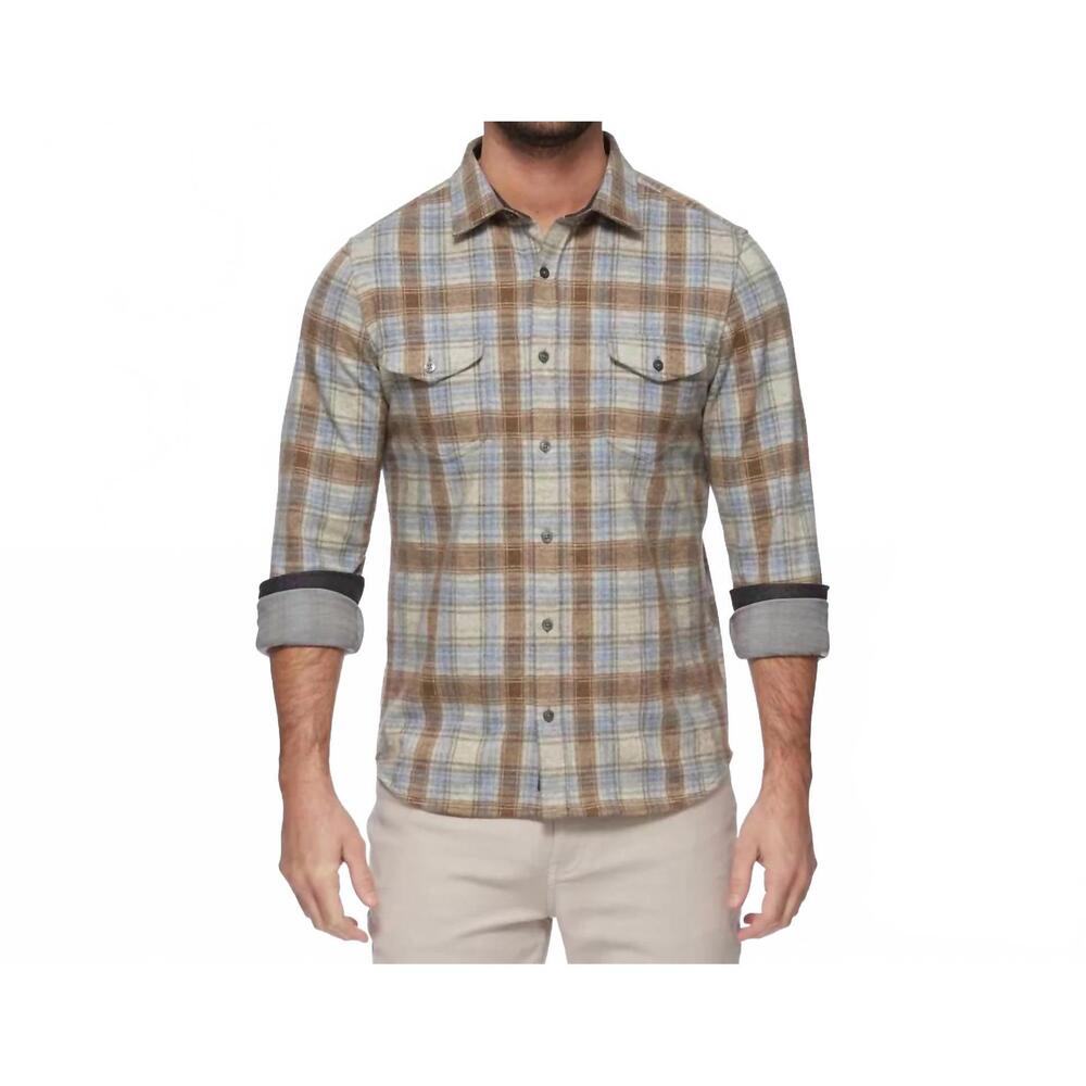 NEW FLAGS & ANTHEM luxton hero knit flannel shirt in brown/tan/blue